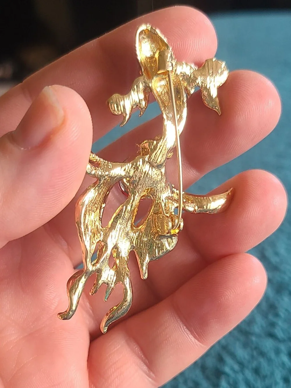 Vintage Gold-tone Teal Enamel Koi Brooch with Red Cabochon and Pearl Accents